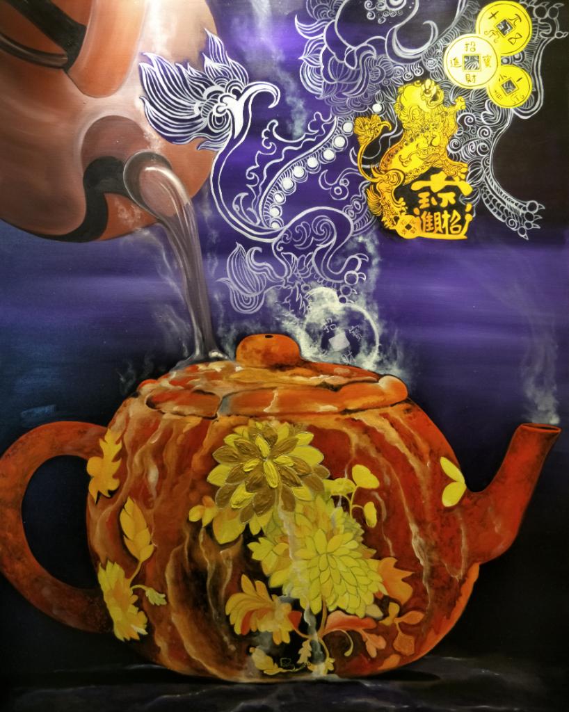 Lucky Fortune Emperor of Qian Long Zisha Pot Oil Painting By Pa’ang Boon Kean 121.50 cm x 152 cm 招财进宝清乾隆紫砂壶油画 洪文娟/绘