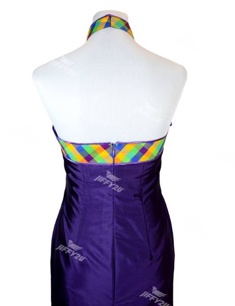 Violet Backless Cheongsam With Plaid Patterned Mandarin Collar