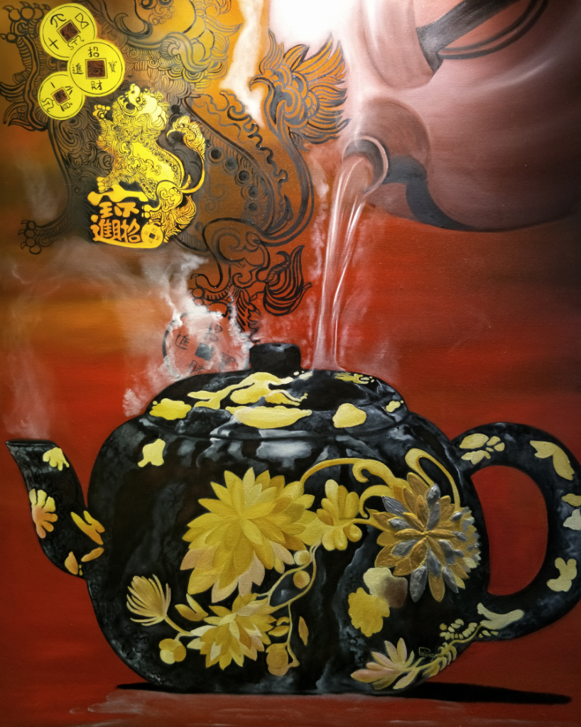 Lucky Fortune Emperor of Kangxi Zisha Pot Oil Painting By Pa’ang Boon Kean 121.50 cm x 152 cm 招财进宝康熙紫砂壶油画 洪文娟/绘