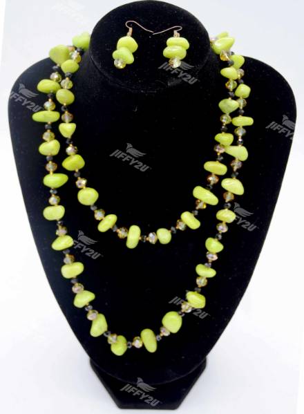 Handmade Designer Vintage Long-length Handmade Bead and Dark Green Stone Necklace with Set Earings