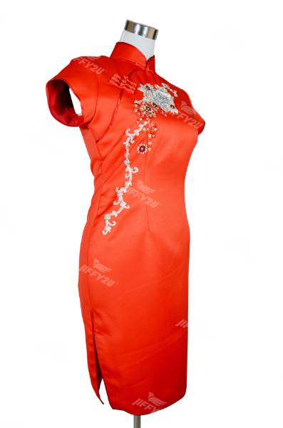 Bright Red Designer Cheongsam with Floral Patchwork and Beads