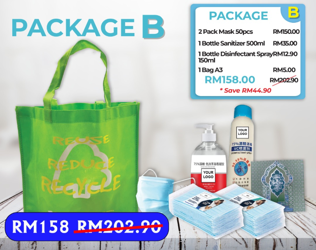 PROMOTION PACKAGE B (Mask, Sanitizer, Disinfection Spray, A3 Recycle Bag)