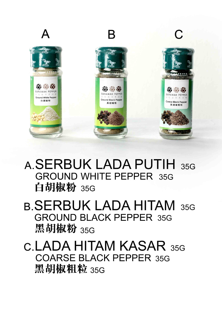 Sarawak Pepper Package Set (35g Ground White Pepper + 35g Ground Black Pepper + 35g Course Black Pepper (set))