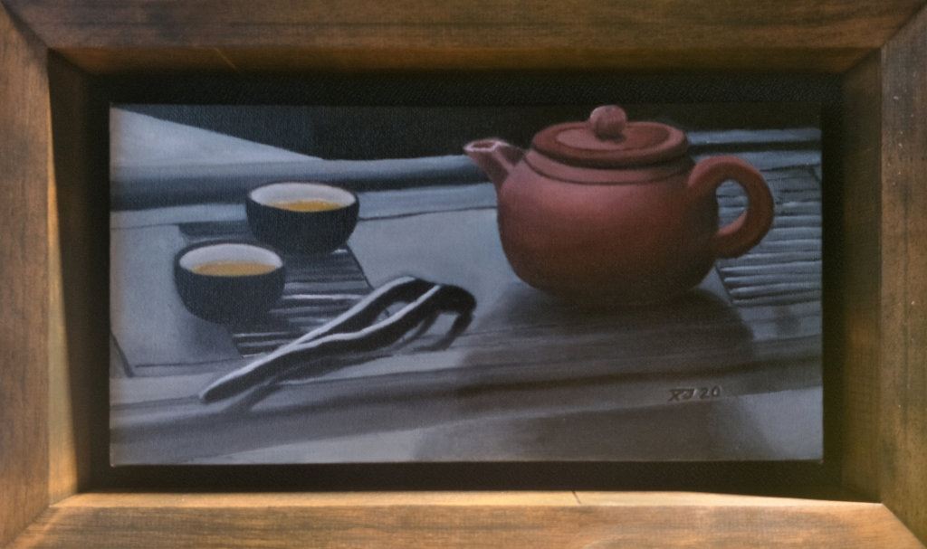 Zisha Pot Oil Painting By Hoo Xing Ju 30.50 cm x 15.20 cm 紫砂壶油画 邱薪竹/绘 