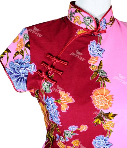  Batik Mini Dress Cheongsam Two Tone Colour of Light Pink and Fuschia Pink with Mandarin Collar in Classic Design