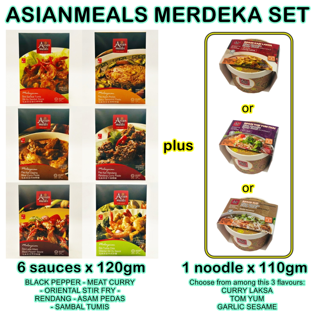 AsianMeals Merdeka Pack = Kitchen Companion sauces 6 flavours X 120gm + 1 unit Rice Noodle Soup Bowl 110gm