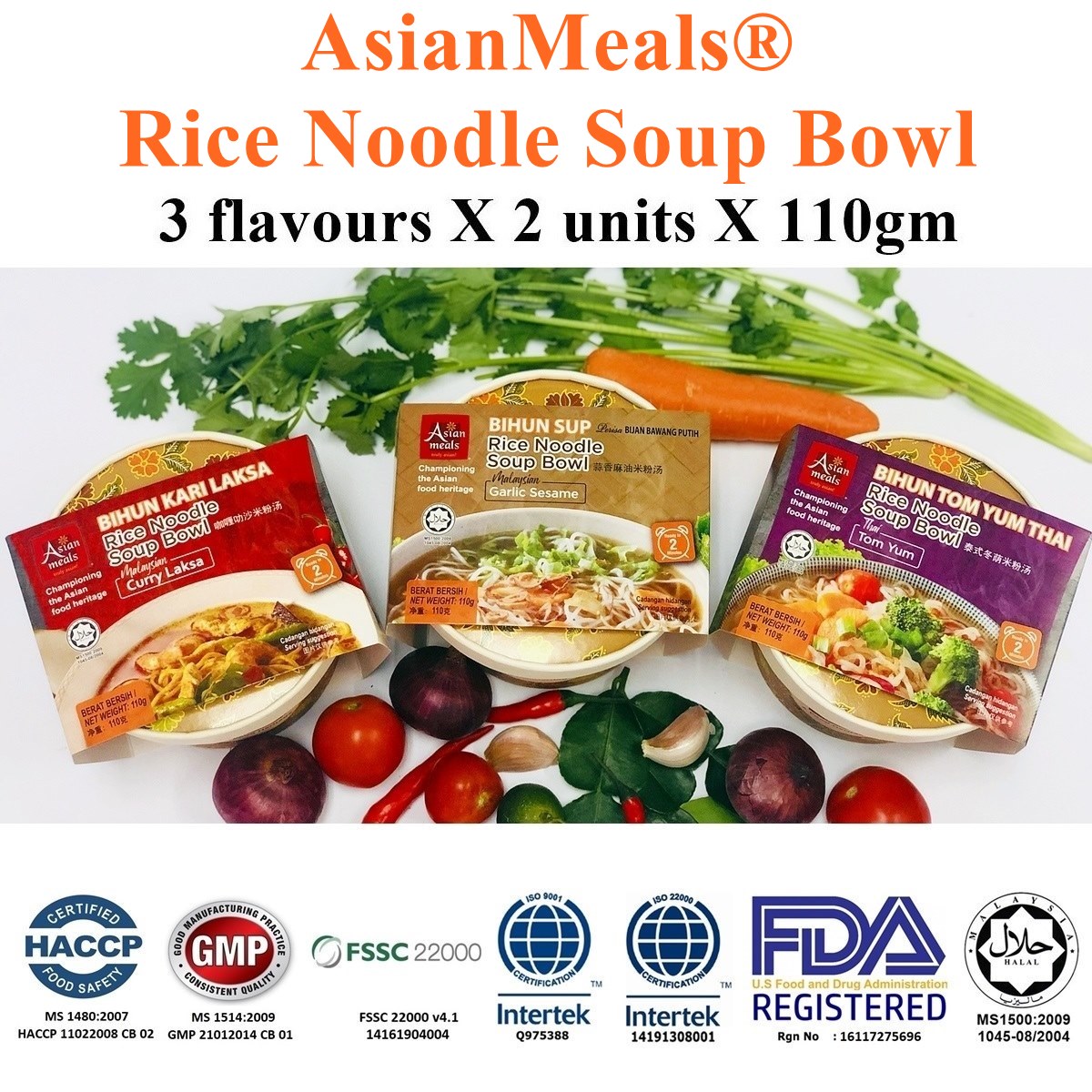 AsianMeals® Rice Noodle Soup Bowl - Curry Laksa - Tom Yum - Garlic Sesame